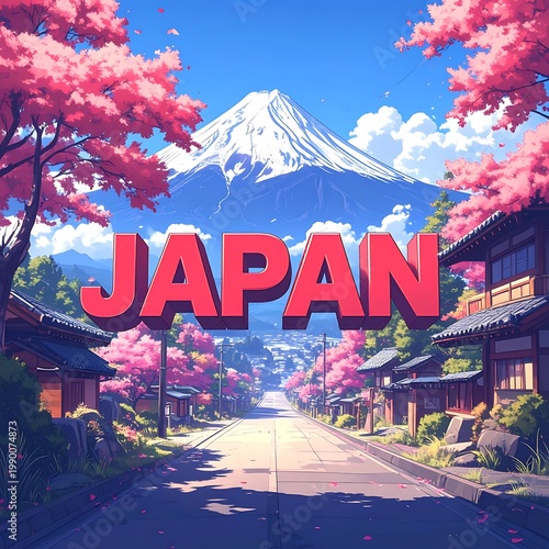 A serene Japanese street with cherry blossoms and a snow-capped mountain