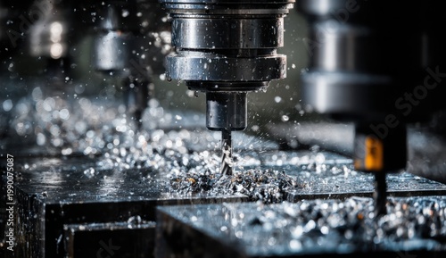 An advanced cnc milling machine cutting metal with precision and sparks flying in a high-tech workshop
