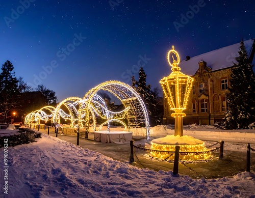 A snowy landscape with illuminated arches and a lamppost