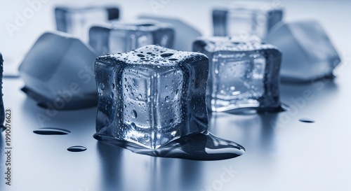Chilled crystalline formations with melting droplets, a serene and refreshing close-up emphasizing the transient nature of coldness and purity.