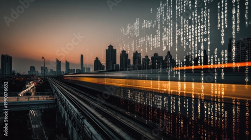 Cityscape with Train Tracks and Binary Code.