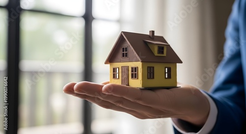 Conceptualizing Dwelling: Hand Holding Miniature House Symbolizing Property Ownership, Investment, and Future Home Aspirations, Blurring Background