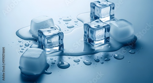 Chilled Serenity: Melting Ice Cubes with Water Droplets on Reflective Surface, Cooling Still Life, Minimalist Composition