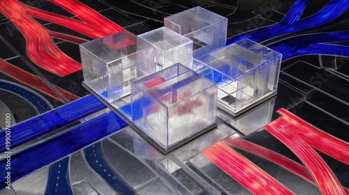 Clear Plastic Containers with Red and Blue Liquids.