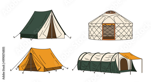 Various Types of Camping Tents and Yurt Isolated on White Background, Outdoor Shelter, Glamping, Tourist Equipment, Tunnel Tent and Cabin Illustrations