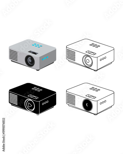 Digital Video Projector Icons Set in Different Graphic Styles, 3D Isometric, Line Art and Black Silhouette Vector Symbols for Presentation and Cinema