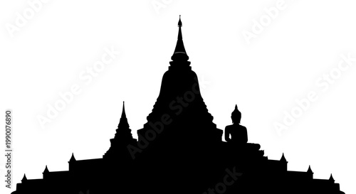 Black silhouette of a traditional Buddhist temple and stupa
