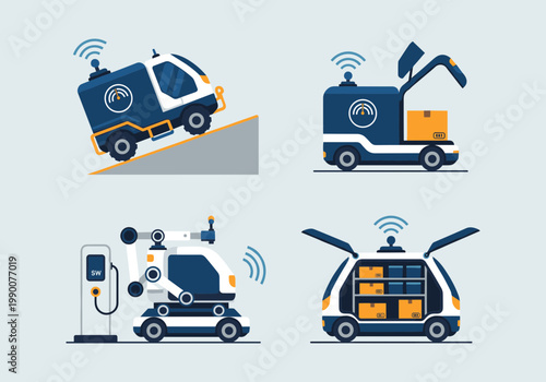 Autonomous Unmanned Delivery Vehicles Concept Set, Smart Logistics and Cargo Transport Robots with Wireless Connection Symbols, Future Transport