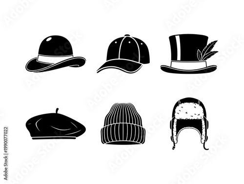 Set of Classic Hat Icons Isolated on White Background, Elegant Bowler, Baseball Cap, Top Hat, Beret, Beanie and Trapper Hat Vector Silhouettes