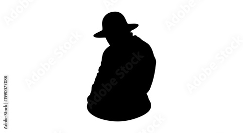 Black silhouette of a person wearing a wide brimmed hat sitting