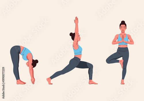 Woman Practicing Yoga Poses Set with Forward Fold, Crescent Lunge and Tree Pose, Female Character Doing Fitness Exercises for Wellness and Health Vector