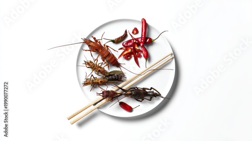 Cockroaches on a plate with chili peppers.
