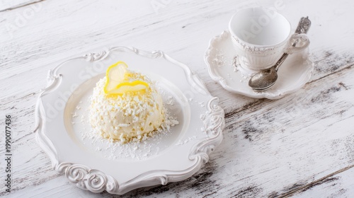 Coconut Macaroon with Lemon on White Plate.