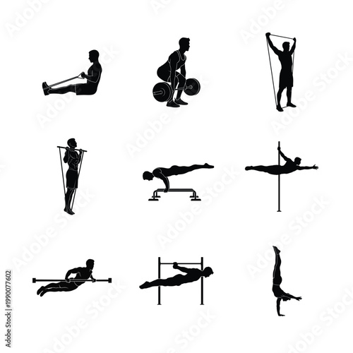 Comprehensive Bodyweight Fitness and Strength Training Silhouettes Collection of Pull Ups, Handstands, Barbell Bench Press, Core Planks, Floor Stretching, Leg Lifts, and Profess