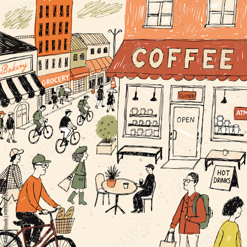 A hand-drawn naive-style illustration of a busy urban street scene with a coffee shop, people walking, bicycles, and small shops