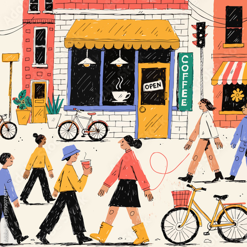 A hand-drawn naive-style illustration of a busy urban street scene with a coffee shop, people walking, bicycles, and small shops