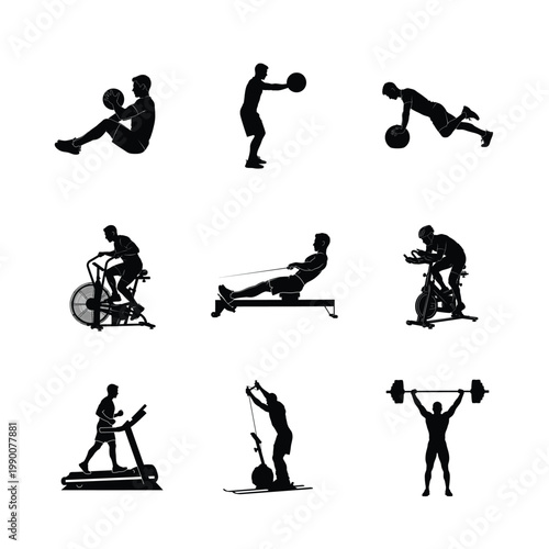 Gym Cardio Equipment and Cycling Silhouettes Stationary Bike, Elliptical, and Aerobic Endurance Training