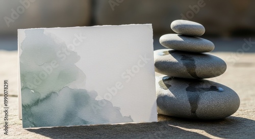 Blank watercolor textured card with stacked stones for creative display