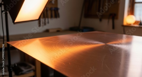 Brushed Copper Plate with a Soft Metallic Sheen in a Workshop Setting