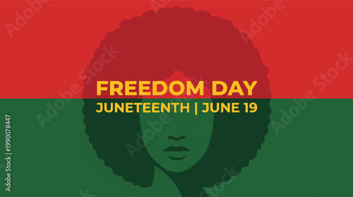 Minimalist illustration celebrating Juneteenth Freedom Day on June 19 with a black woman silhouette in pan-african colors.