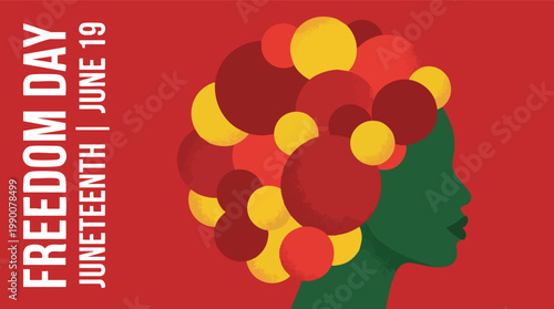 Juneteenth Freedom Day illustration featuring a side profile silhouette of a Black woman with colorful circles for hair on a solid red background.