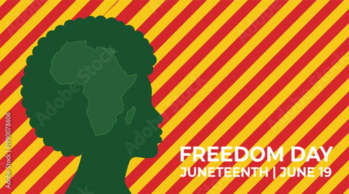Profile silhouette of an African American with an afro hairstyle containing a map of Africa for Juneteenth Freedom Day on June 19.