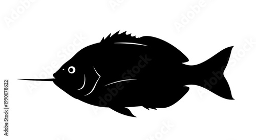 Black fish silhouette illustration with long snout on white background