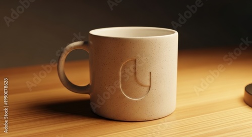 Minimalist Ceramic Mug With Subtle Speckled Glaze and Embossed Logo on Wooden Surface