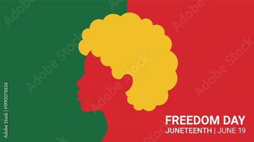 Juneteenth Freedom Day celebration banner featuring a minimalist profile of a black woman with an afro in Pan-African colors on June 19.