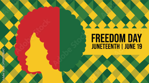 Juneteenth Freedom Day illustration featuring a black woman silhouette with an afro against a vibrant green and yellow geometric background.