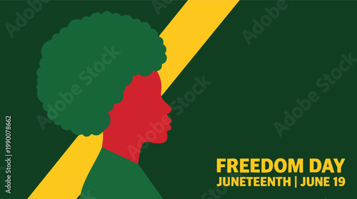 Minimalist illustration of a Black silhouette with an afro celebrating Juneteenth Freedom Day on June 19 against a pan-african colored backdrop.