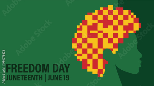 Minimalist Juneteenth illustration featuring a pixelated afro profile and Freedom Day text on a green background to celebrate June 19th.