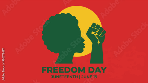 Minimalist Juneteenth illustration celebrating Freedom Day on June 19 with a raised fist and silhouette of a Black person on a vibrant red background.