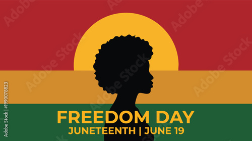 Minimalist illustration of a Black woman's silhouette against Pan-African colors commemorating Juneteenth Freedom Day on June 19th.