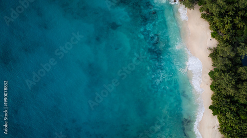 A pristine beach with turquoise waters and lush green. Anse Soleil Beach. Seychelles, Mahe.