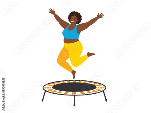 African American woman joyfully leaping colorful trampoline fitness workout smiling exercise jump sportswear yellow pants blue top isolated white background vector illustration. Energetic adult