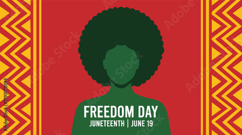 Silhouette of a person with an afro celebrates Juneteenth Freedom Day on June 19 with Pan-African colors and traditional geometric patterns.