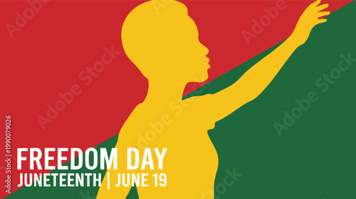 Minimalist Juneteenth Freedom Day illustration featuring a yellow silhouette of a person reaching up against a red and green background.