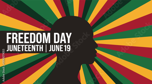 Juneteenth Freedom Day celebration graphic featuring a silhouette profile and Pan-African color sunburst to commemorate June 19th.