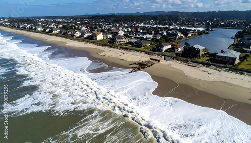Aerial view of ocean waves crashing on a sandy beach shoreline with houses
