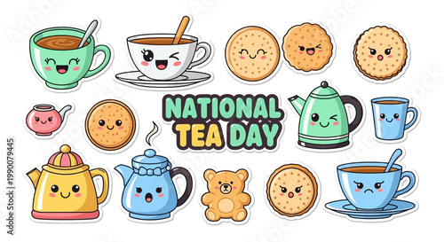A charming vector illustration commemorates National Tea Day with an array of cute, cartoon-style teacups, teapots, and biscuits, all featuring kawaii faces, set against a clean white