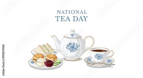 An inviting vector illustration celebrates National Tea Day with a classic British tea time concept, featuring a teapot, teacup, scones with jam and clotted cream, and finger sandwiches