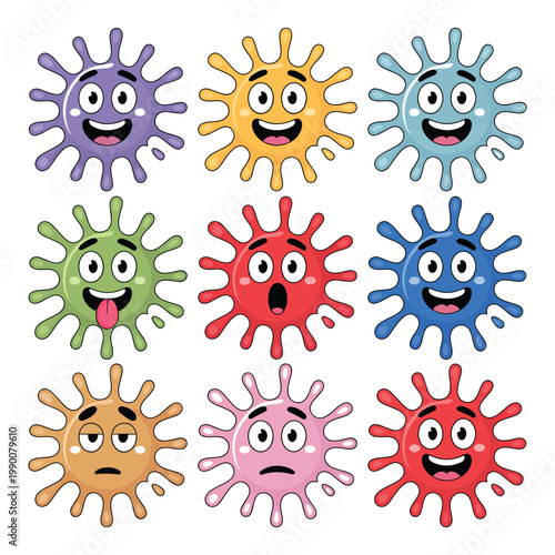 Cute cartoon virus characters with different expressions and vibrant colors