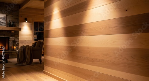 Warm natural wood paneling with subtle gradient lighting showcasing rich grain texture