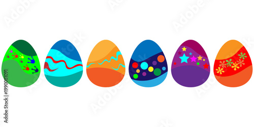 Set of six colorful decorated Easter eggs with various patterns and designs, perfect for holiday celebrations and spring themes