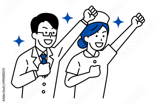 ガッツポーズで喜ぶ医師と看護師