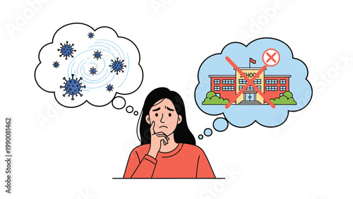 Pensive woman considers the impact of the coronavirus pandemic on education with school closure and virus bubbles.