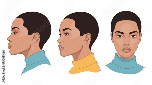Three different perspectives of a young black woman with short hair showing profile, three-quarter, and front views.