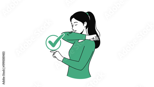 Young woman demonstrates the correct way to cough or sneeze into her elbow to prevent the spread of germs and viruses.