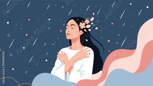 Serene woman with flowers in her hair standing in the rain with closed eyes embracing self-love and inner peace.